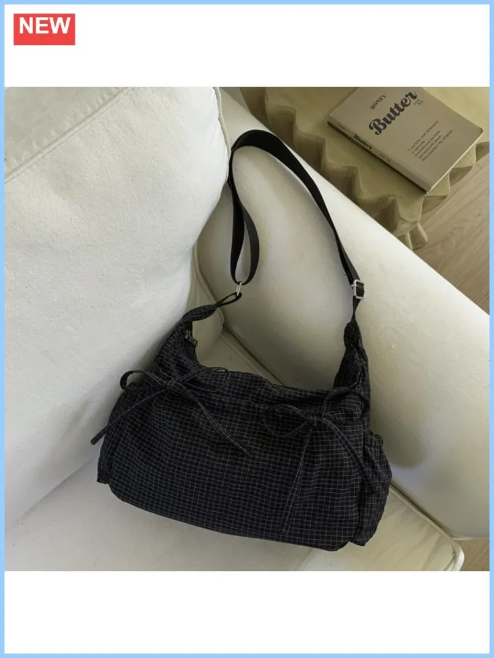 Plaid Nylon Crossbody Bag Bow Detail Small Shoulder Purse Zipper
